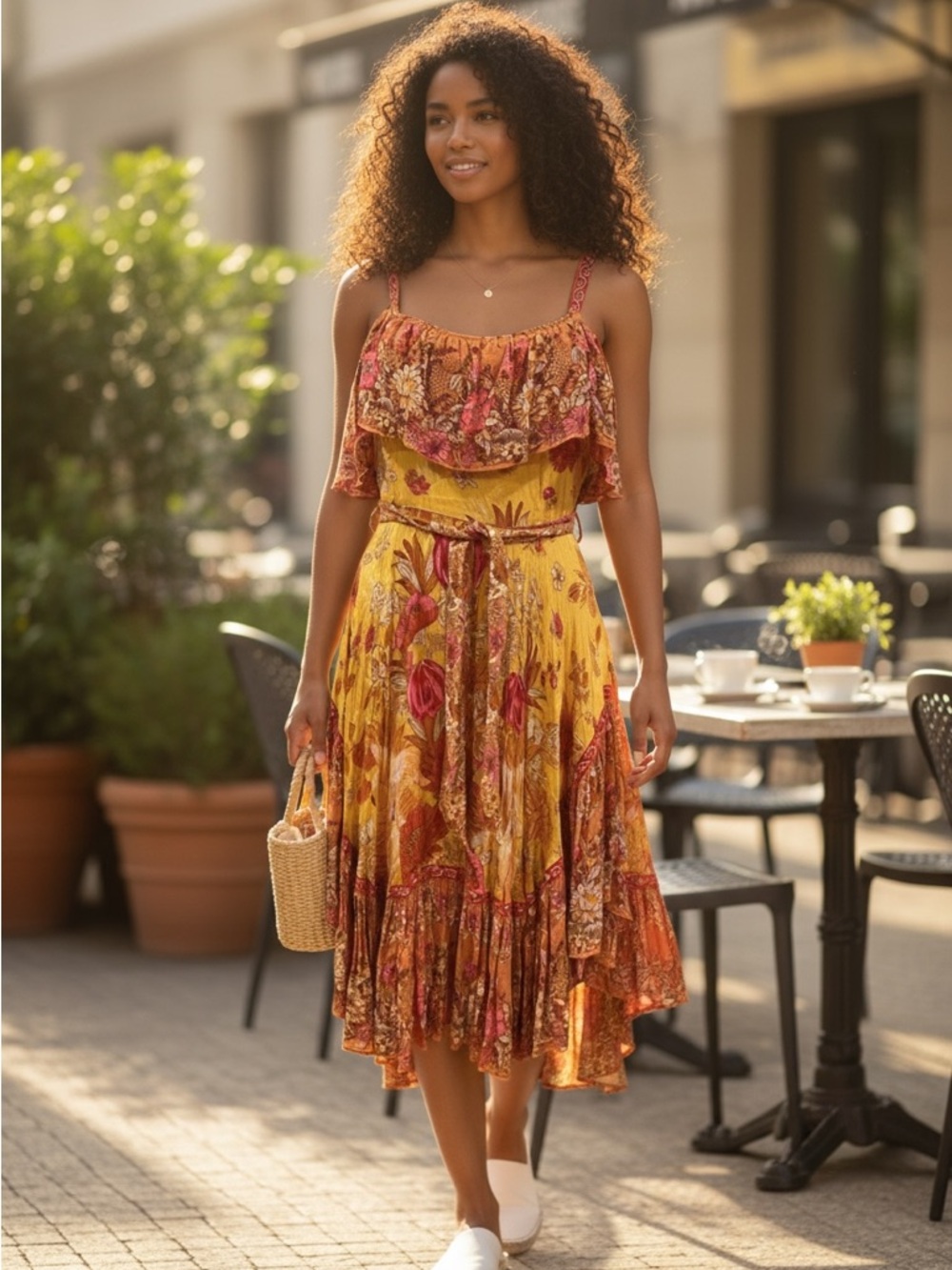 Spell & The Gypsy Multicolor Floral Rayon dress in Rust, Pink & Yellow mustard